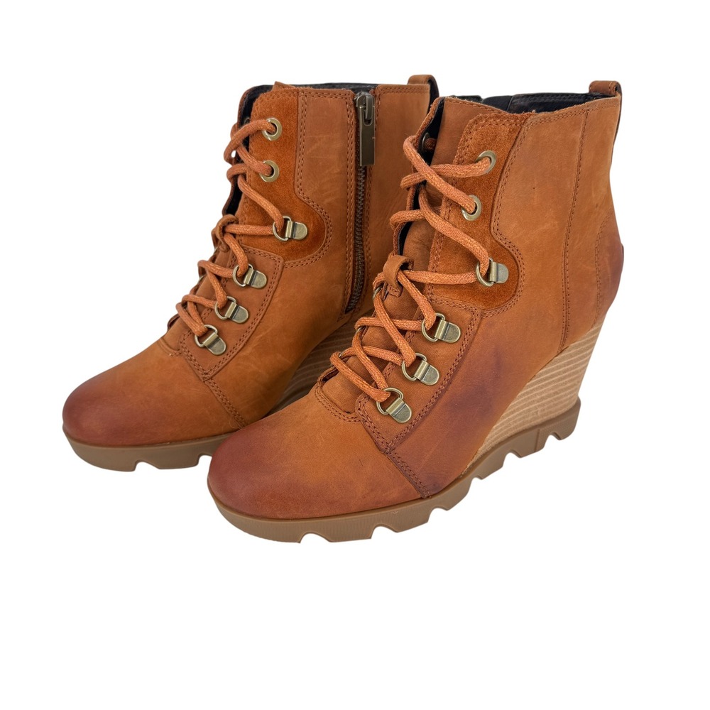 Sorel Joan Uptown Wedge Ankle Boots Women 7.5 Cognac Brown Leather Lace Up